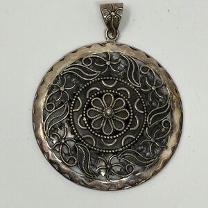 Sterling Silver Round Pendant Intricate Scroll Flower Intentionally Oxidized 2"